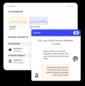 Screenshot of Work for Impact's talent platform, showing financial spending graphs, a list of active contracts, and a message to the Client Success team asking for recruitment support