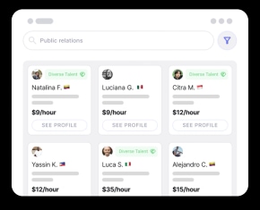 Work for Impact platform, displaying a list of Public Relations professionals at a range of hourly rates and global locations