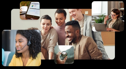 A diverse group of people collaborating, taking video calls, and analyzing data.