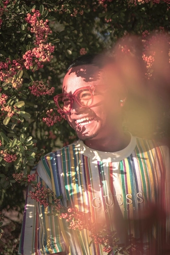 Group celebrating together at sunset